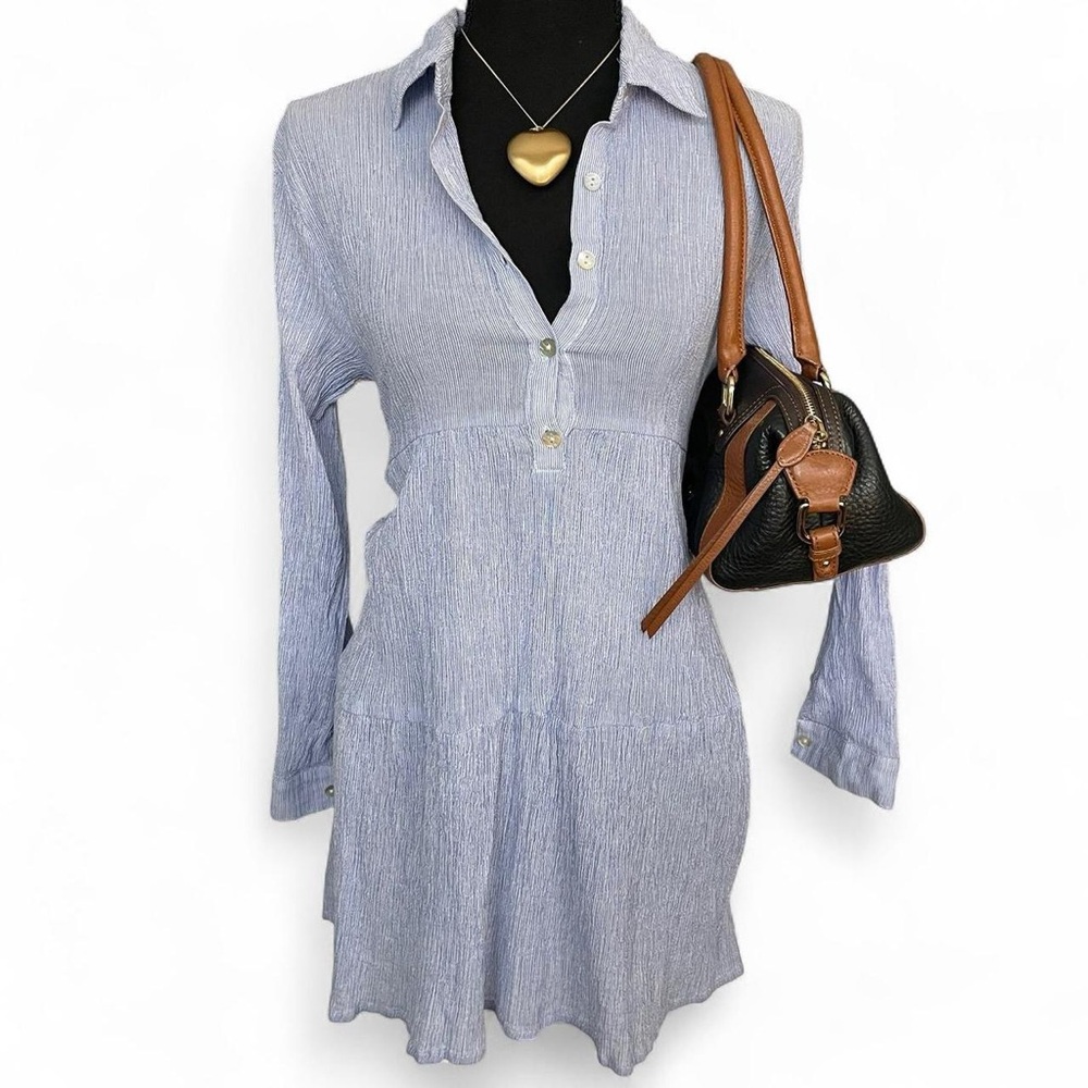 Light Blue Long Sleeve Shirt Dress with Subtle Texture